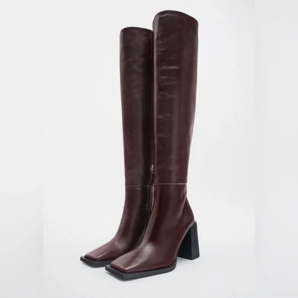 Zara leather boots brown square toe - Picture 4 of 9